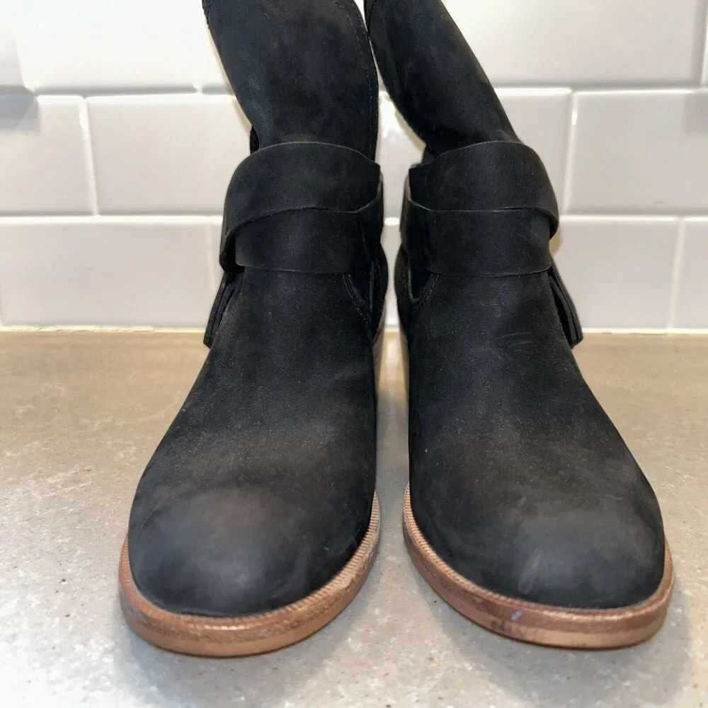 UGG Boots Womens 5 Elora Ankle Booties Black Suede Block Heels Pull‎ On EUC